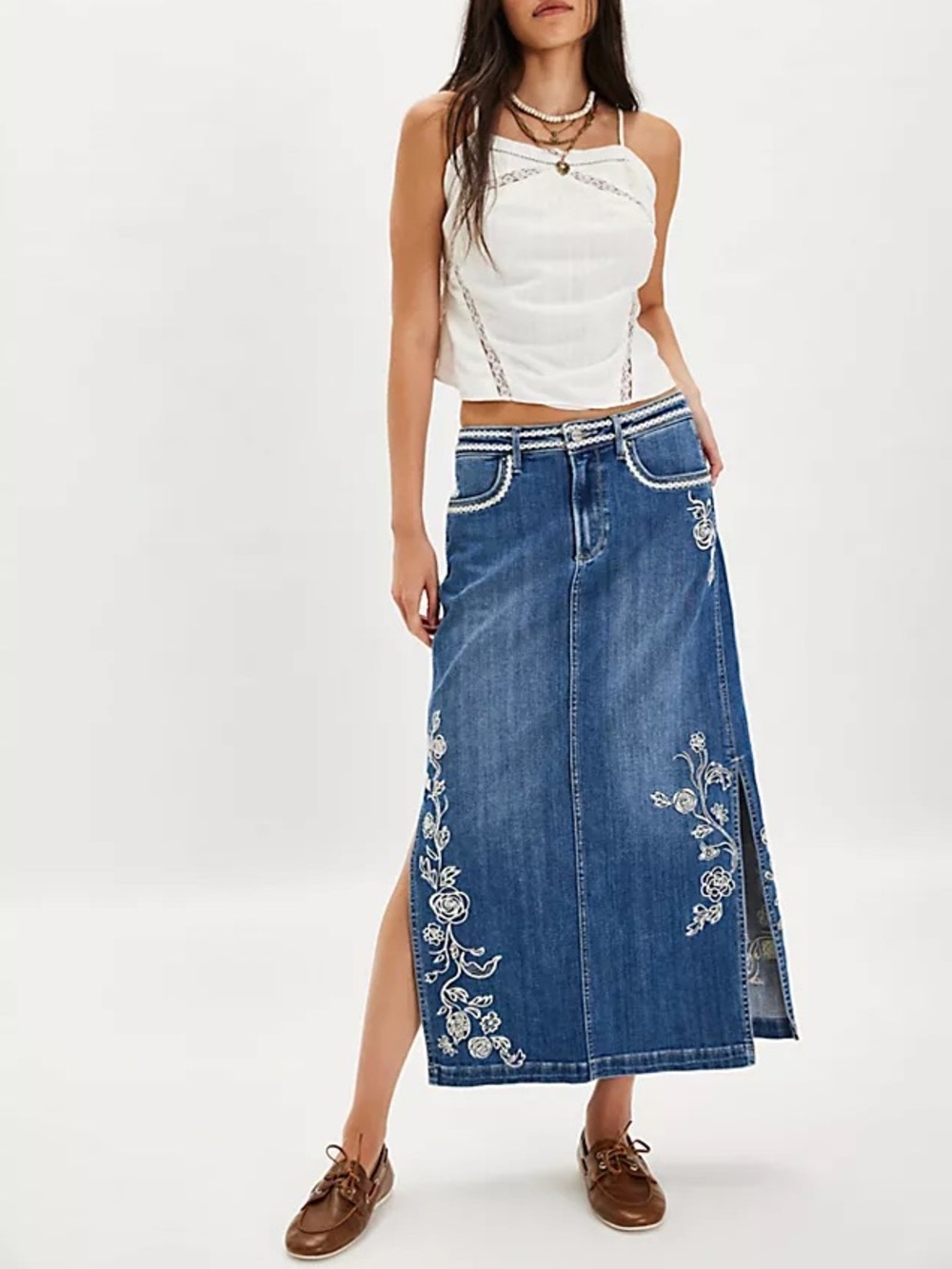 Driftwood Svetlana Denim Boho Embroidered Maxi Skirt